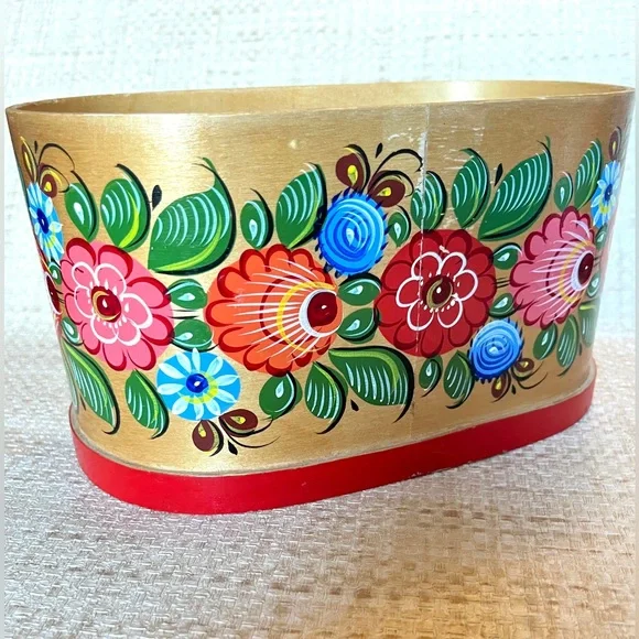 Hand Painted Bentwood Box Vintage Russian Folk Art Norway Rosemaling Floral Box - Picture 6 of 8